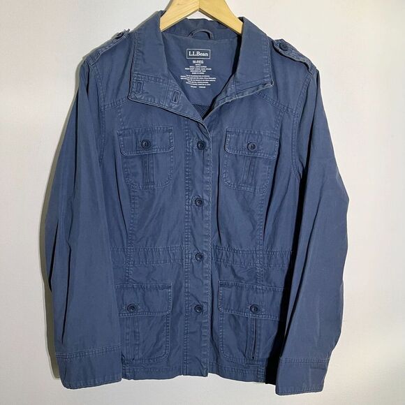 LL‎ Bean Womens M Blue Cargo Utility Button Up Collared Vented Jacket - Picture 1 of 5